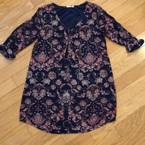 Lush Paisley/Floral Navy Long Sleeve  V-neck Tunic Dress witch roll sleeves - S